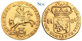 NIEDERLANDE WESTFRIESLAND
Provinz. 14 Gulden (Goldener Reiter) 1763 Enkhuizen Stempel von T. J. Walter. Münzzeichen Schiff (Haringbuis). Münzmeister ...