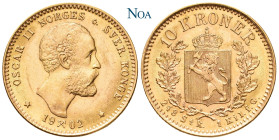 NORWEGEN
Oskar II., 1872-1905. 10 Kroner 1902 Kongsberg Auflage: 24.100 Exemplare. ABH 12; KM 358; Fr. 18. 4.48 g. Selten. Vorzüglich-Stempelglanz