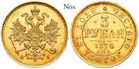 RUSSLAND GROSSFUERSTENTUM / KAISERREICH
 3 Rubel 1874 St. Petersburg Münzmeister Nicholai Iossa. Bitkin 36 (R); Fr. 164; KM 26; Schl. 147. 3.93 g. Se...