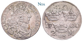 SCHWEDEN
Karl XII., 1697-1718. 2 Mark 1700 HZ Stockholm KM 314; SM 61. 10.40 g. Feine Tönung, fast vorzüglich