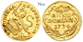 SCHWEIZ ZÜRICH
 1/4 Dukat 1734 Münzmeister H. J. I. Gessner. HMZ 2-1163 u; Hürlimann 367; Fr. 488a; KM 138. 0.85 g. Vorzüglich