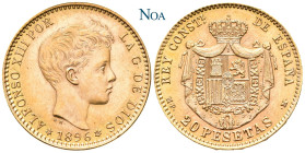 SPANIEN KÖNIGREICH
Alfons XIII., 1886-1931. 20 Pesetas 1896 MP-M Madrid Offizielle Nachprägung. Fr. 348R; KM 709. 6.46 g. Fast Stempelglanz