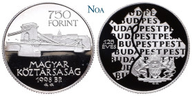 UNGARN AB 1867
2. Republik, seit 1989. 750 Forint 1998 Budapest 125 Jahre Vereinigung von Buda u. Pest. Auflage: 12.000 Exemplare. KM 725. 10.00 g. I...
