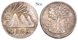 GUATEMALA
Zentralamerikanische Republik. 1/4 Real 1826 Nueva Guatemala KM 1. 0.82 g. Selten. Feine Tönung, vorzüglich