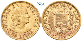 PERU
Republik. Libra 1910 GOZG Lima Auflage: 47.000 Exemplare. Fr. 73; KM 207. 7.97 g. Feine Tönung, sehr schön-vorzüglich