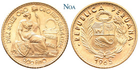 PERU
Republik. 10 Soles 1965 Lima Auflage: 14.000 Exemplare. Fr. 81; KM 236. 4.69 g. Feine Tönung, Stempelglanz