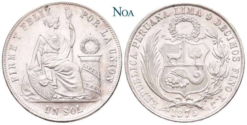 PERU
Republik. Sol 1875 YJ Lima KM 196.3. 24.96 g. Vorzüglich