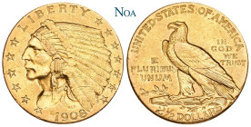 VEREINIGTE STAATEN (USA)
 2 1/2 Dollar 1908 Philadelphia Quarter Eagle. Indian head. Fr. 120; KM 128. 4.17 g. Sehr schön-vorzüglich
