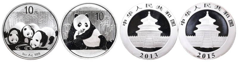 CHINA VOLKSREPUBLIK, seit 1949.
Lot 10 Yuan (2 Stücke) 2013 und 2015 Panda Seri...
