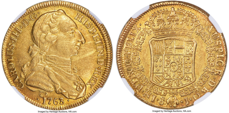 Charles III gold 4 Escudos 1763 So-J AU55 NGC, Santiago mint, KM23, Cal-1866. A ...