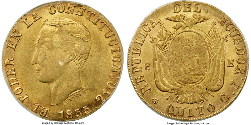 Republic gold 8 Escudos 1855/2 QUITO-GJ MS61 PCGS, Quito mint, KM34.1, Fr-8, Onz...