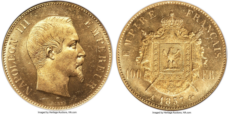 Napoleon III gold 100 Francs 1857-A MS64 NGC, Paris mint, KM786.1, Gad-1135. A c...