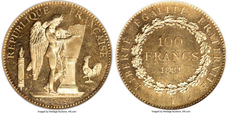 Republic gold 100 Francs 1881-A MS65 NGC, Paris mint, KM832, Gad-1137. An outsta...