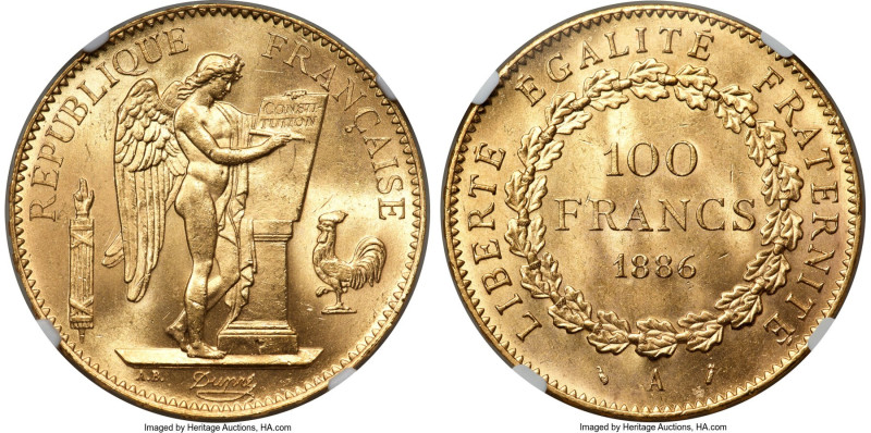 Republic gold 100 Francs 1886-A MS65 NGC, Paris mint, KM832, Gad-1137, F-552. Se...