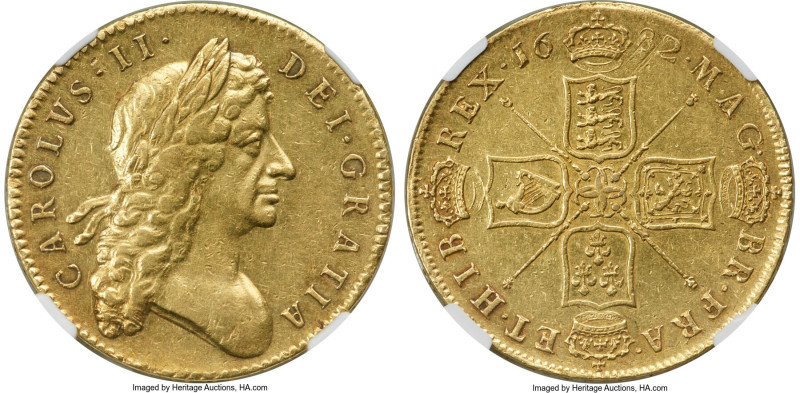 Charles II gold 5 Guineas 1682 AU50 NGC, KM444.1, S-3332. QVARTO edge. An elusiv...