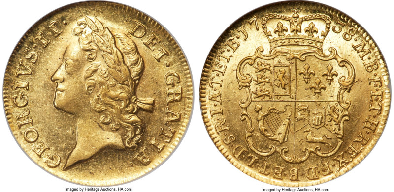 George II gold Guinea 1738 MS62 NGC, KM573.3, Fr-339, S-3674, Farey-830 (Very Ra...