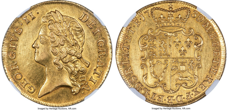 George II gold 2 Guineas 1739 AU58 NGC, KM578, S-3667B. An inspiring 2 Guineas o...