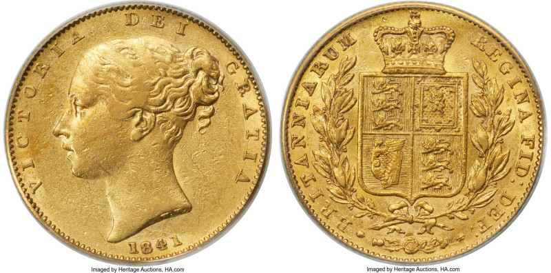 Victoria gold "Shield" Sovereign 1841 AU55 PCGS, KM736.1, S-3852, Marsh-24A (R3)...