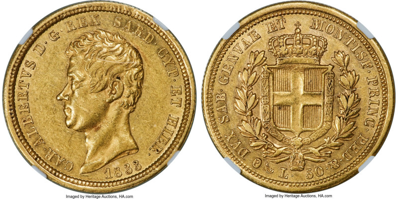 Sardinia. Carlo Alberto gold 50 Lire 1833-P Anchor AU53 NGC, Genoa mint, KM137.2...