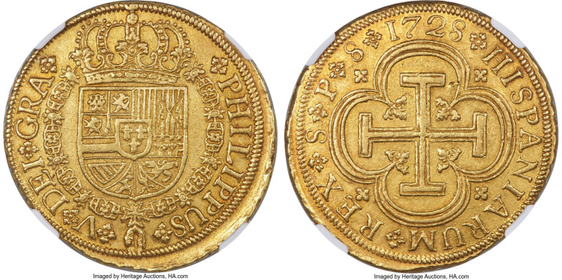 Philip V gold 8 Escudos 1728 S-P AU55 NGC, Seville mint, KM315, Fr-247, Cal-2301...