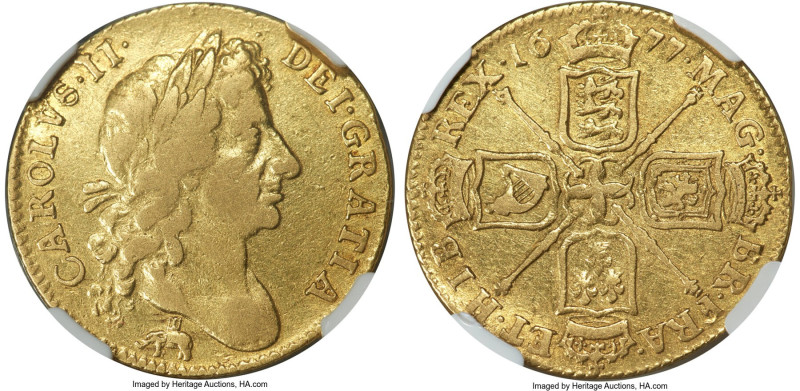 Charles II gold "Elephant & Castle" Guinea 1677 VF30 NGC, KM440.2, S-3345. An al...