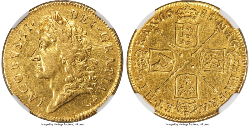 James II gold Guinea 1685 XF40 NGC, KM459.1, S-3400. A minimally available, firs...