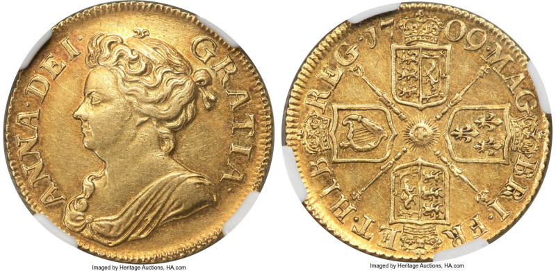 Anne gold Guinea 1709 AU55 NGC, KM529.1, S-3572. Second draped bust. Toning occu...