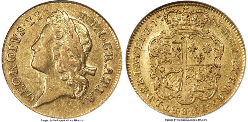 George II gold Guinea 1735 XF40 NGC, KM573.3, S-3674. Second young laureate head...