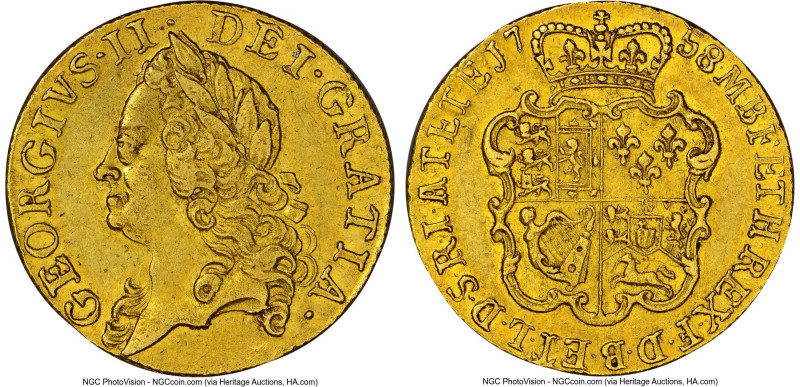 George II gold Guinea 1758 AU53 NGC, KM588, S-3680. A rather fleeting issue, ver...