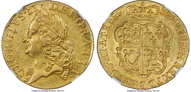 George II gold Guinea 1759 MS62 NGC, KM588, S-3680. A truly exceptional example ...