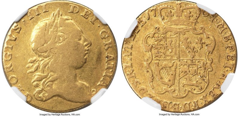 George III gold Guinea 1764 Fine 15 NGC, KM598, S-3726. Second laureate bust, on...