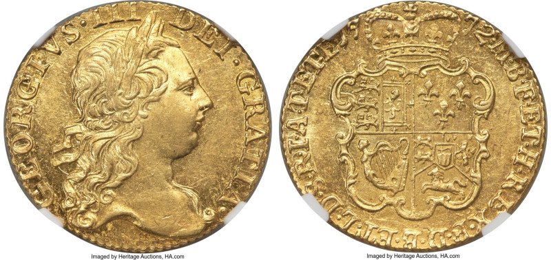 George III gold Guinea 1772 MS62 NGC, KM600, S-3727. Olive toning adds character...