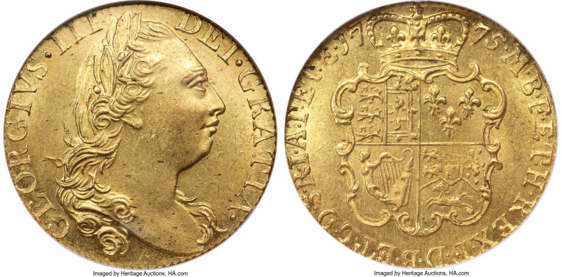 George III gold Guinea 1775 MS62 NGC, KM604, S-3728. Shimmering luster emanates ...