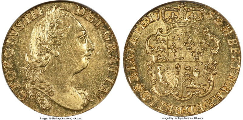 George III gold Guinea 1782 MS62 NGC, KM604, S-3728. Fourth bust. One point remo...