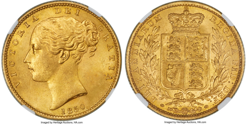 Victoria gold Sovereign 1850 MS65 NGC, KM736.1(without die number), S-3852C. Edg...