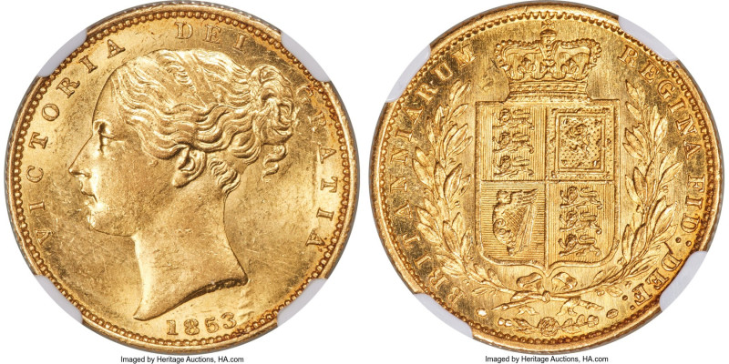 Victoria gold Sovereign 1853 MS63 NGC, KM736.1, S-3852C. W.W. raised on truncati...