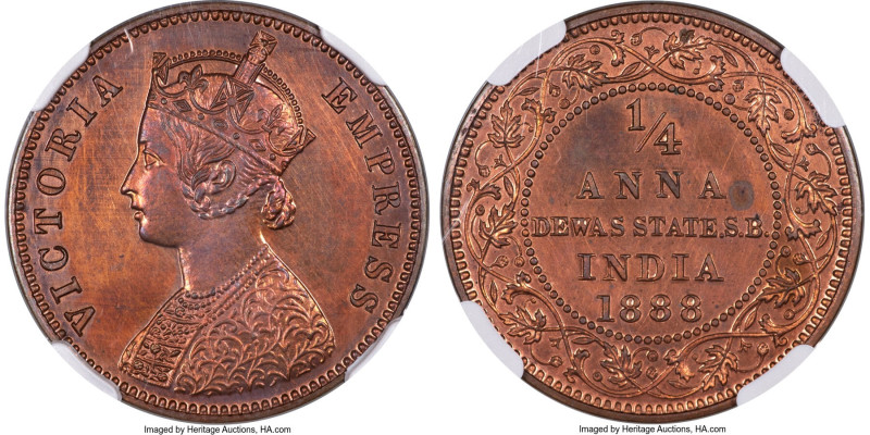 Dewas - Senior Branch. Narayan Rao Proof 1/4 Anna 1888 PR64 Red and Brown NGC, A...