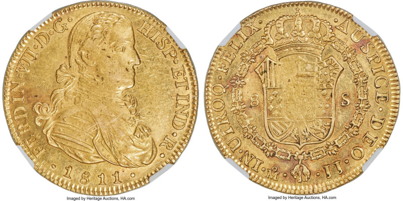 Ferdinand VII gold 8 Escudos 1811 Mo-JJ AU58 NGC, Mexico City mint, KM160, Cal-1...