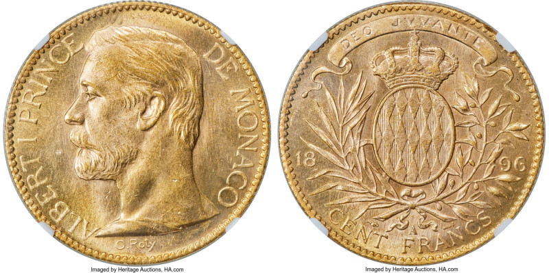 Albert I gold 100 Francs 1896-A MS64 NGC, Paris mint, KM105, Fr-13. Mintage: 20,...