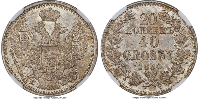 Nicholas I of Russia 40 Groszy (20 Kopecks) 1850-MW MS64 NGC, Warsaw mint, KM-C1...