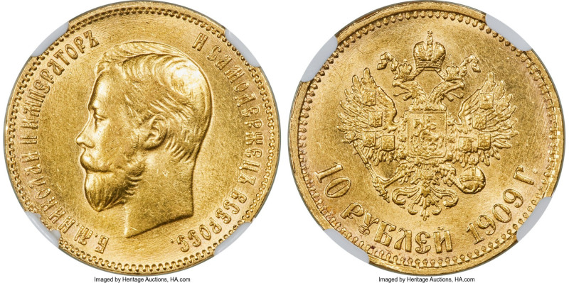 Nicholas II gold 10 Roubles 1909-ЭБ MS63 NGC, St. Petersburg mint, KM-Y64, Bit-1...