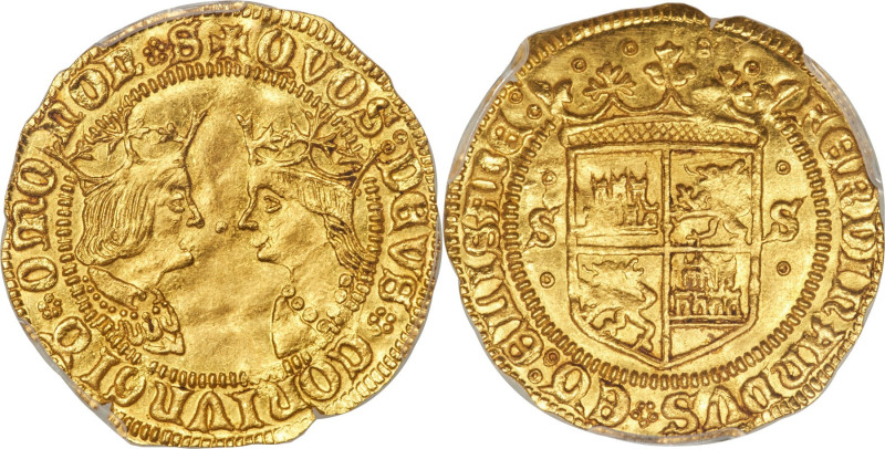 Ferdinand & Isabella gold Castellano ND (1474-1504) MS63 PCGS, Seville mint, Cal...