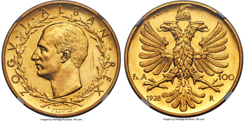 Zog I gold Prova 100 Franga Ari 1928-R UNC Details (Obverse Repaired, Rim Filing...