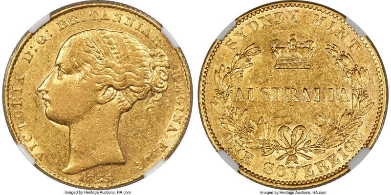 Victoria gold Sovereign 1855-SYDNEY AU50 NGC, Sydney mint, KM2, Marsh-A360 (R). ...