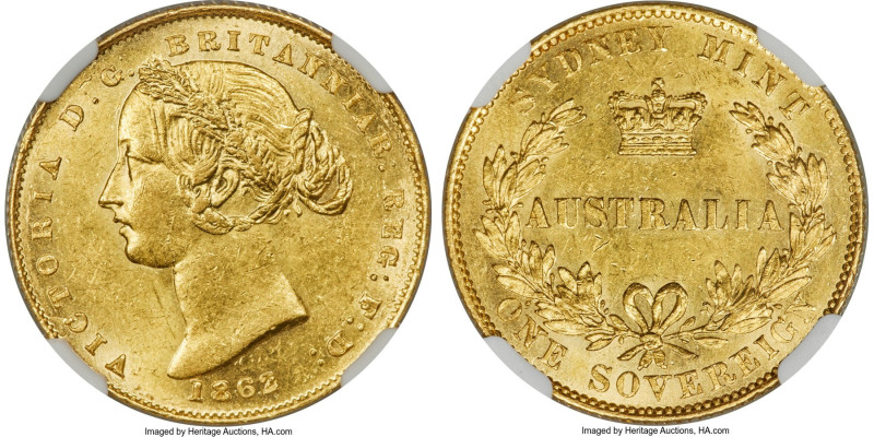 Victoria gold Sovereign 1862-SYDNEY MS62 NGC, Sydney mint, KM4, Marsh-A367. A be...