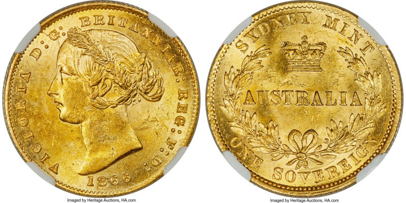 Victoria gold Sovereign 1866-SYDNEY MS64 NGC, Sydney mint, KM4, Marsh-A371. A su...