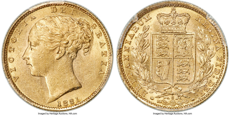 Victoria gold "Shield" Sovereign 1881-S AU58 PCGS, Sydney mint, KM6, S-3855B. An...