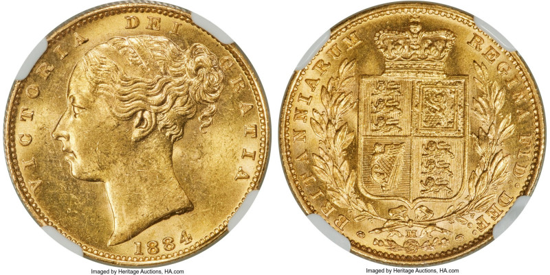 Victoria gold "Shield" Sovereign 1884-M MS64 NGC, Melbourne mint, KM6, S-3854A. ...