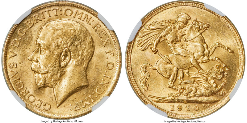 George V gold Sovereign 1924-S MS64 NGC, Sydney mint, KM29, S-4003. A conditiona...