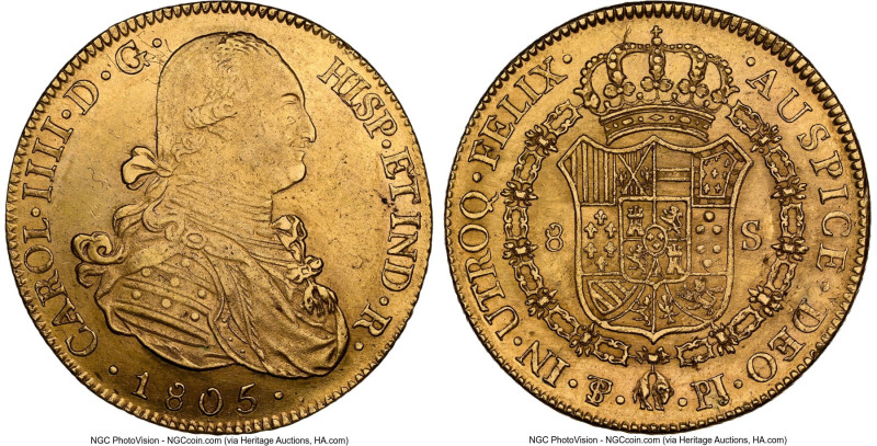 Charles IV gold 8 Escudos 1805 PTS-PJ AU58 NGC, Potosi mint, KM81, Cal-1711. Eac...